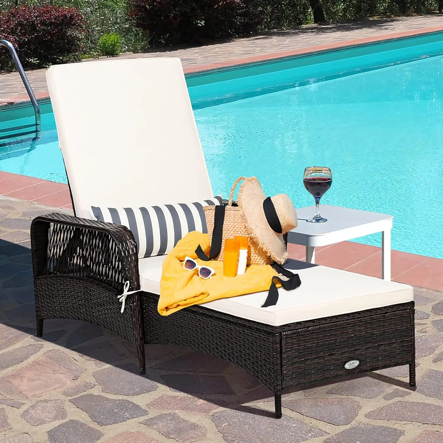 Tangkula Patio Wicker Chaise Lounge Chair, Outdoor Rattan Reclining Chaise w/ 6-Gear Adjustable Backrest, Thick Padded Cushion & Removable Lumbar Pillow, Ideal for Lawn, Beach, Balcony (Mix Brown)