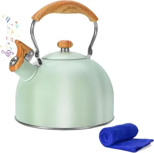 Tea Kettle Stovetop, 2.6 Quart cute teapot,loud whistle kettle, Food Grade Stainless Steel with Fold wood grain handle, Mint Green,With Anti Scald Towel