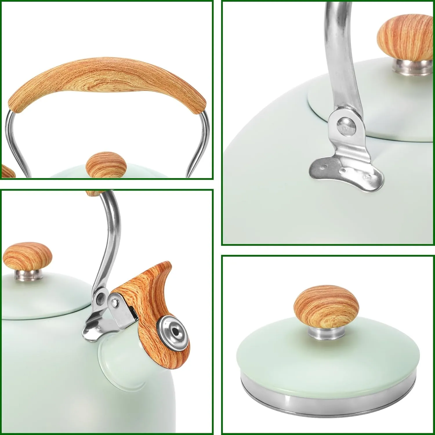 Tea Kettle Stovetop, 2.6 Quart cute teapot,loud whistle kettle, Food Grade Stainless Steel with Fold wood grain handle, Mint Green,With Anti Scald Towel