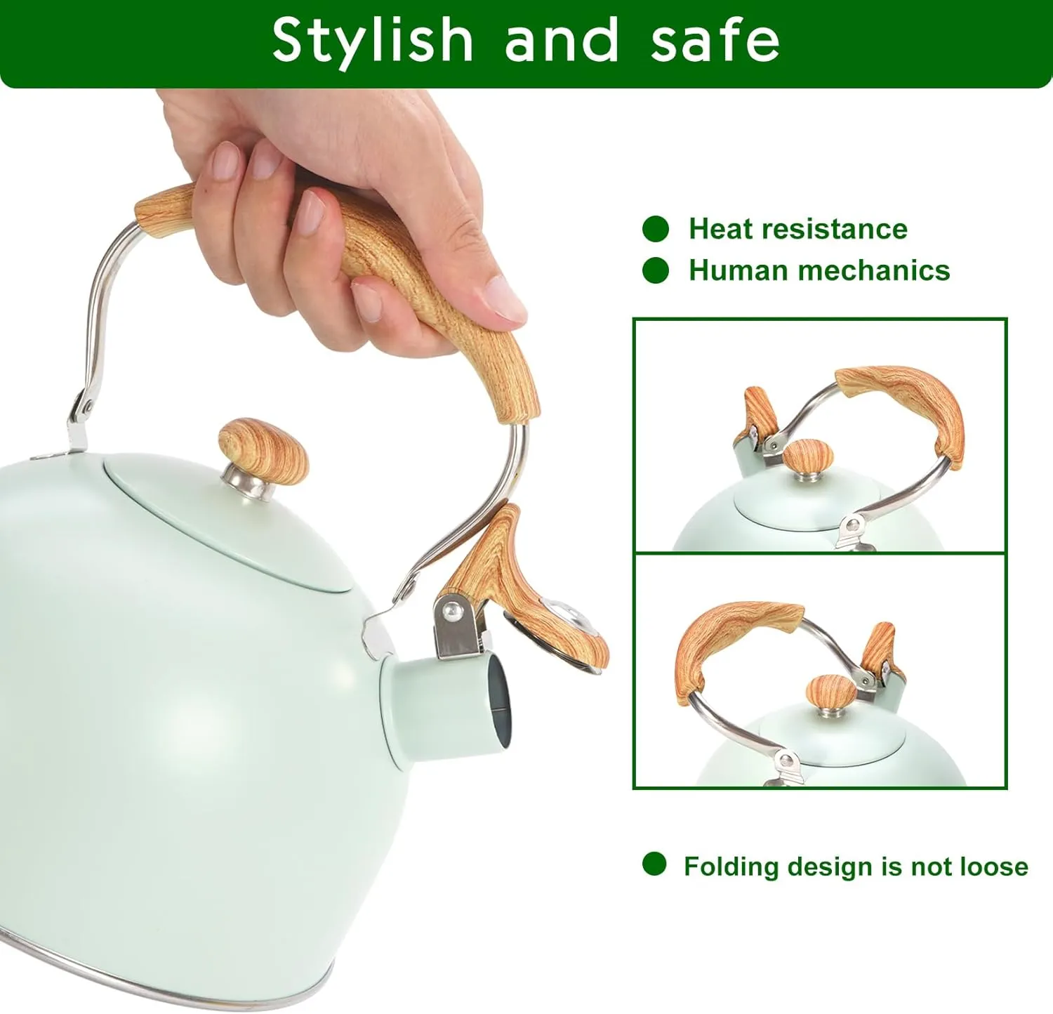 Tea Kettle Stovetop, 2.6 Quart cute teapot,loud whistle kettle, Food Grade Stainless Steel with Fold wood grain handle, Mint Green,With Anti Scald Towel