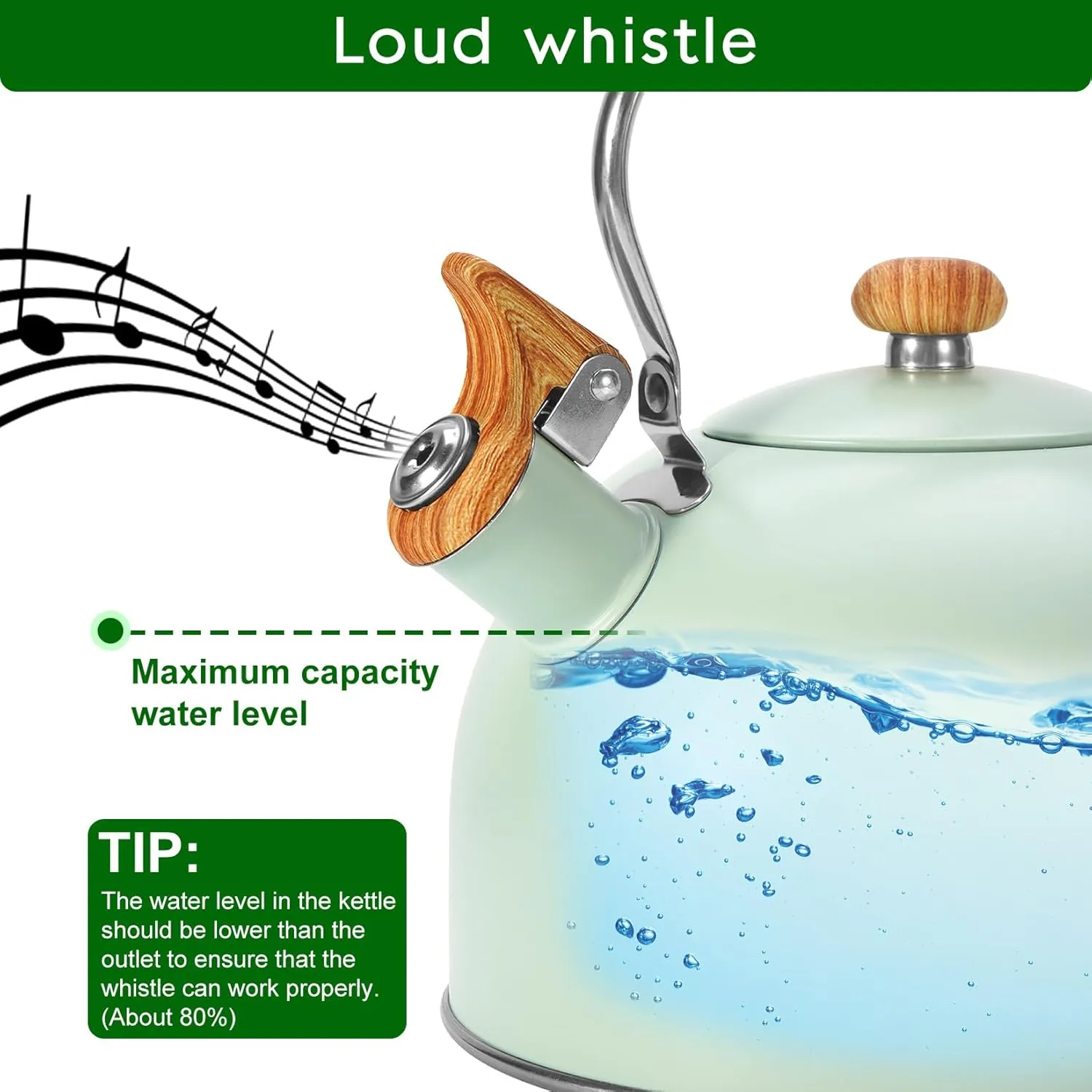 Tea Kettle Stovetop, 2.6 Quart cute teapot,loud whistle kettle, Food Grade Stainless Steel with Fold wood grain handle, Mint Green,With Anti Scald Towel