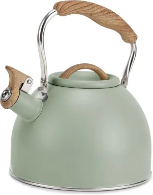 Tea Kettle, Vegoran 100 OZ / 3 Liter Whistling Tea Kettle, Tea Pots for Stove Top Food Grade Stainless Steel with Wood Pattern Folding Handle, Loud Whistle Kettle for Tea, Coffee, Milk (Green)