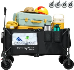 TerrainGo Foldable Wagon Cart with Wheels - All-Terrain Utility Cart Beach Gardening, Fishing, Shopping -Built-in Insulated Cooler Pouch, Storage Pockets, Front Cupholders - (Large Wagon)