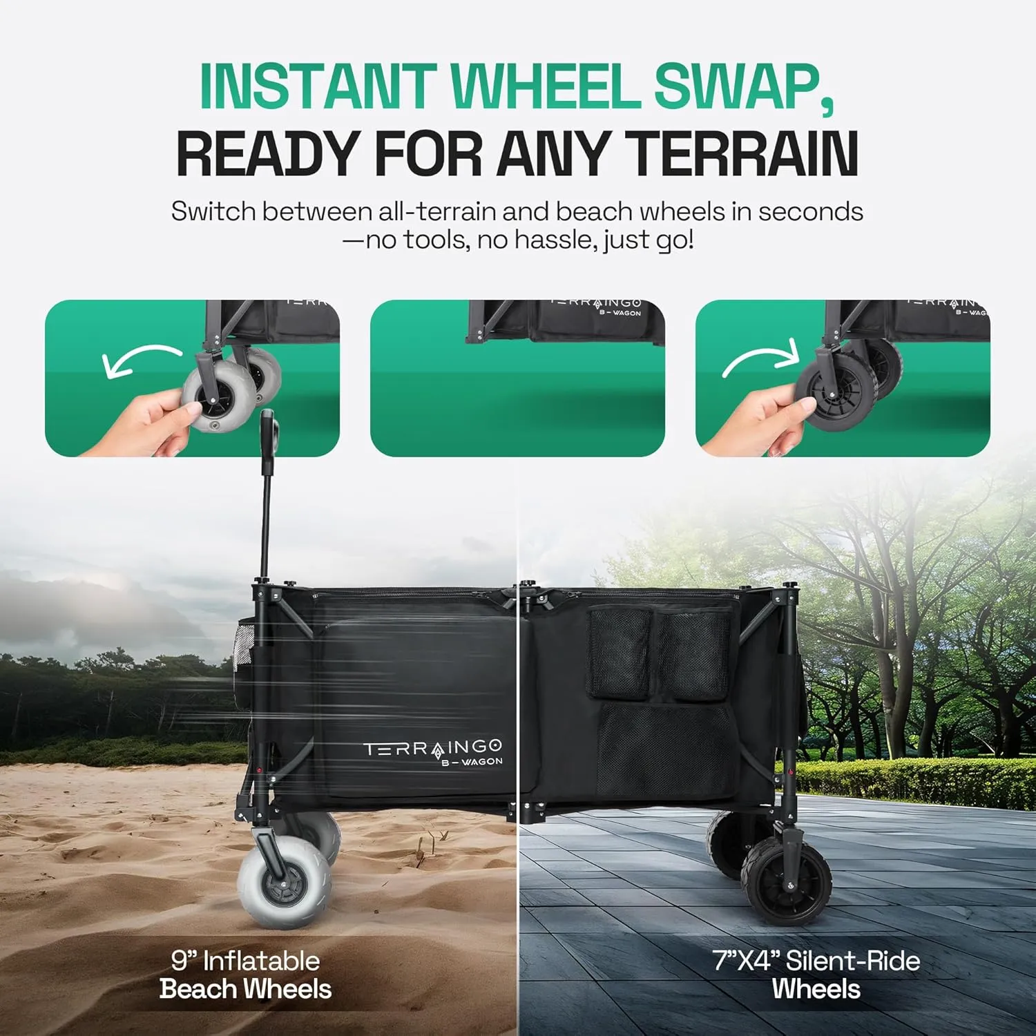 TerrainGo Foldable Wagon Cart with Wheels - All-Terrain Utility Cart Beach Gardening, Fishing, Shopping -Built-in Insulated Cooler Pouch, Storage Pockets, Front Cupholders - (Large Wagon)