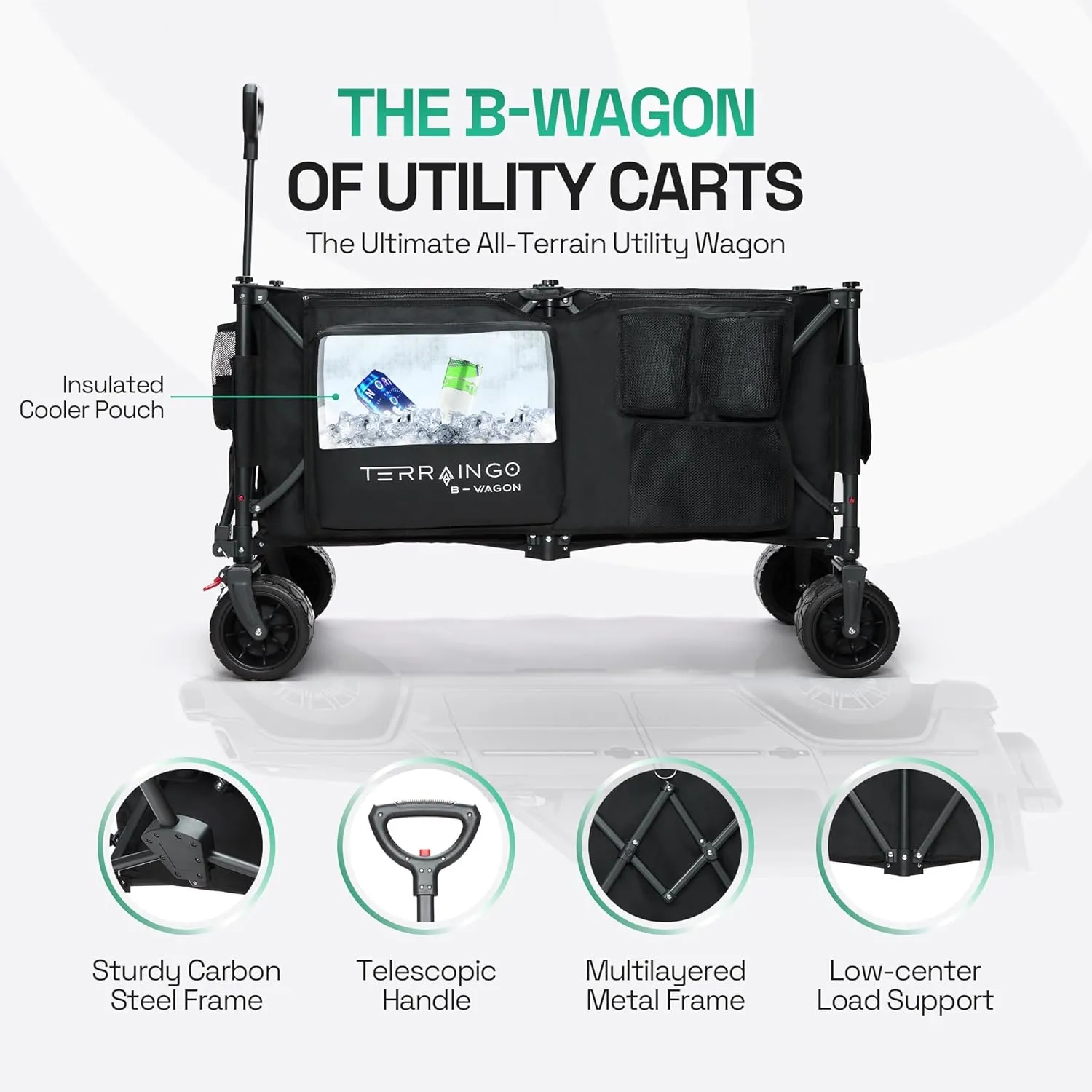 TerrainGo Foldable Wagon Cart with Wheels - All-Terrain Utility Cart Beach Gardening, Fishing, Shopping -Built-in Insulated Cooler Pouch, Storage Pockets, Front Cupholders - (Large Wagon)