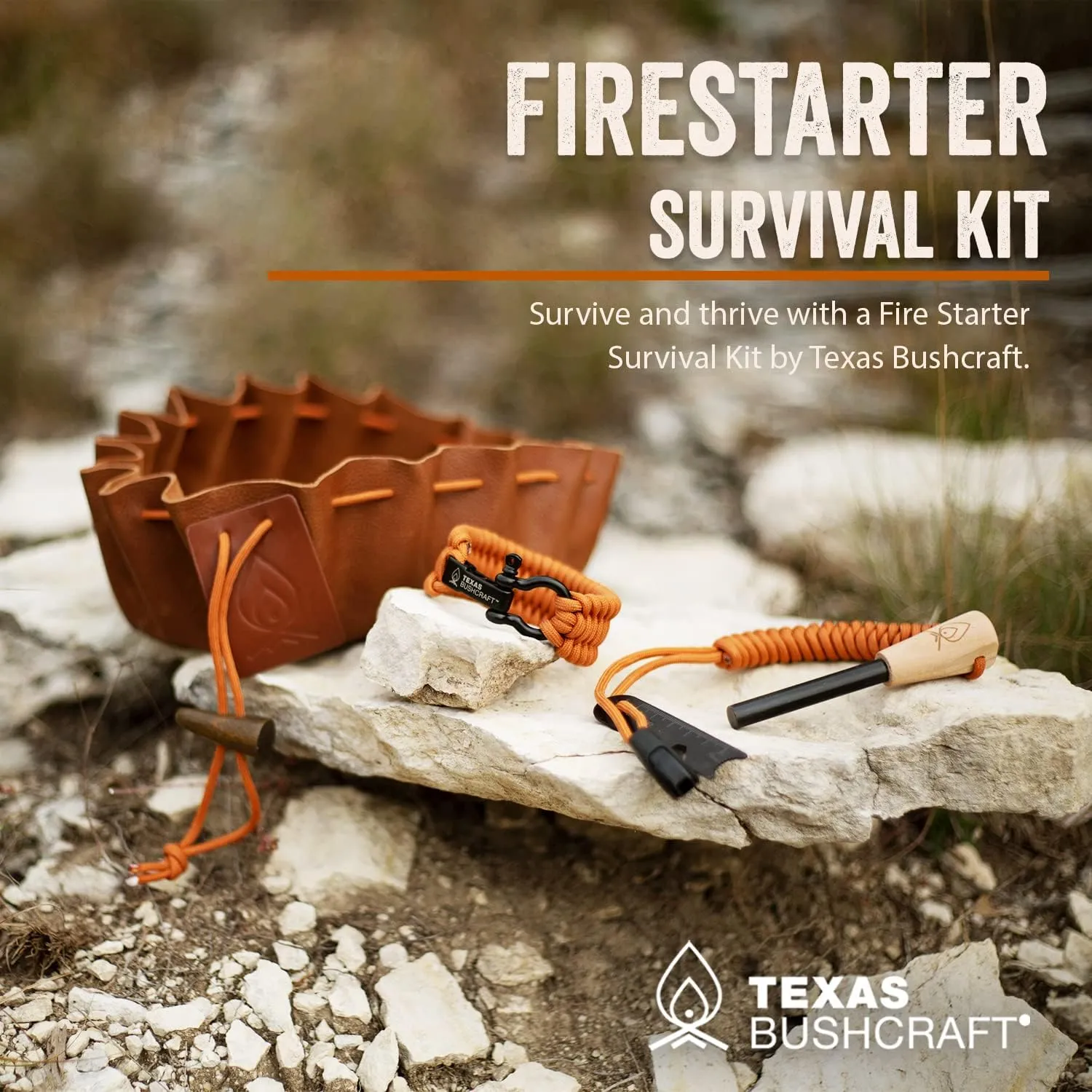 Texas Bushcraft Fire Starter Survival Kit - Ferro Rod Flint Fire Steel, Striker Tool | Cowhide Leather Tinder Bag | Emergency Paracord Bracelet Camping Gear