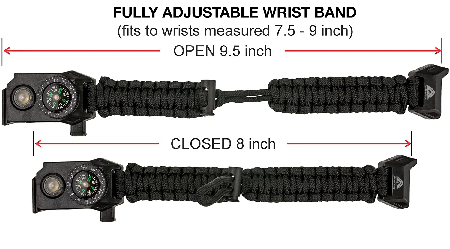 The Outdoorsman - Flashlight Survival Bracelet (Black) with Compass/Smart LED Light/Fire Starter/Blade/Whistle/Paracord (6-in-1 tool).