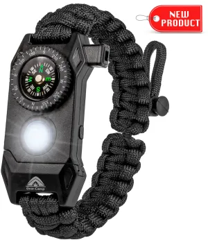 The Outdoorsman - Flashlight Survival Bracelet (Black) with Compass/Smart LED Light/Fire Starter/Blade/Whistle/Paracord (6-in-1 tool).