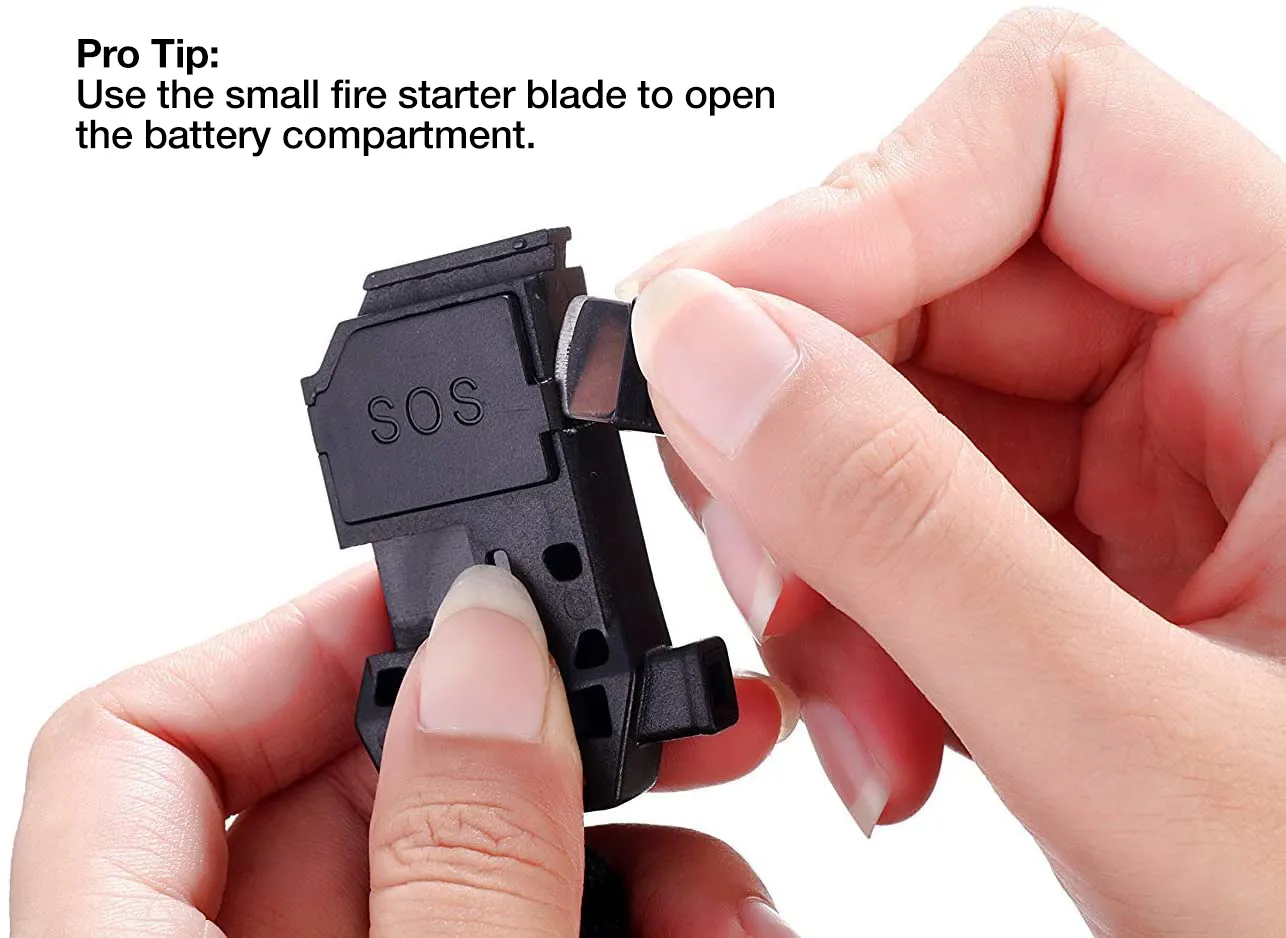 The Outdoorsman - Flashlight Survival Bracelet (Black) with Compass/Smart LED Light/Fire Starter/Blade/Whistle/Paracord (6-in-1 tool).