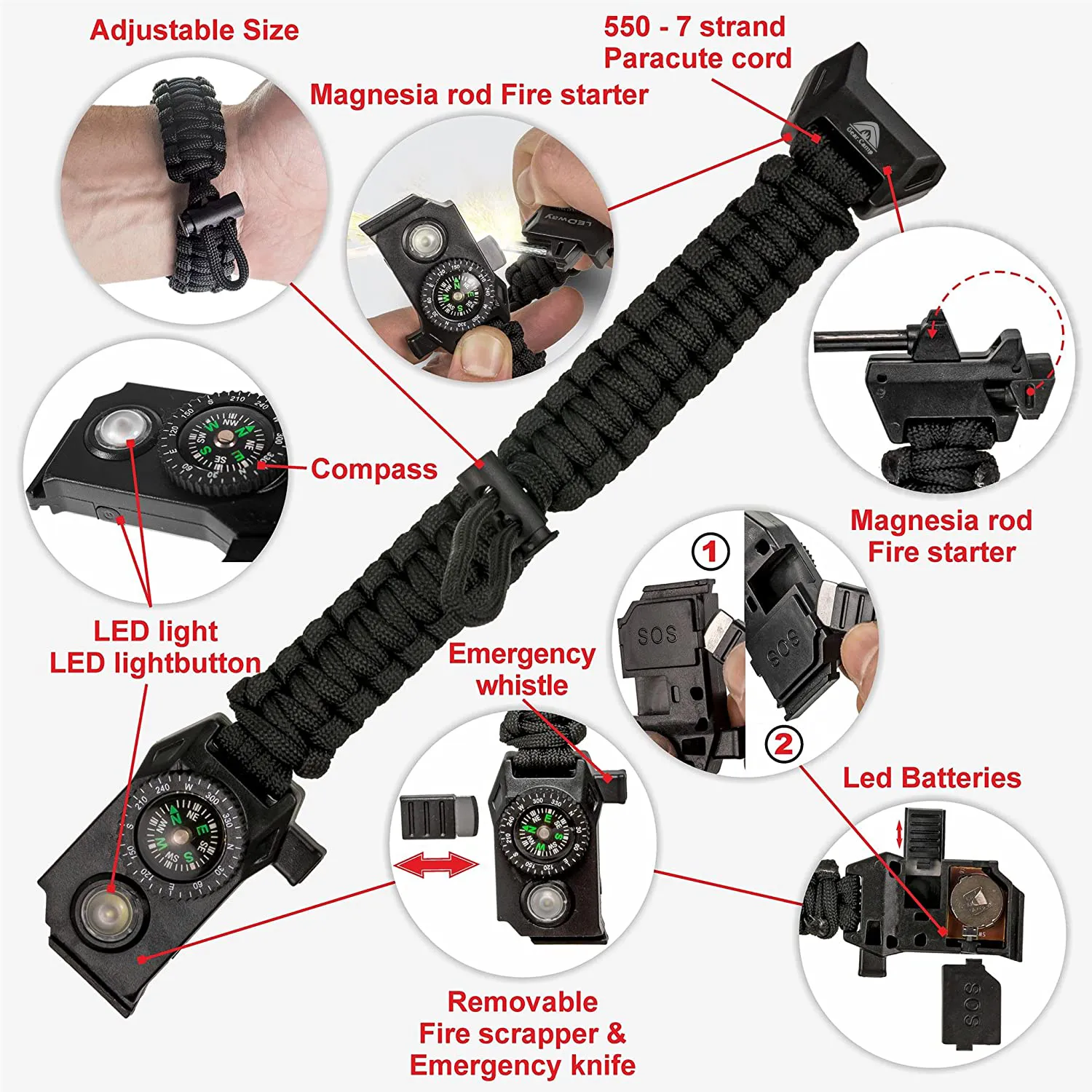 The Outdoorsman - Flashlight Survival Bracelet (Black) with Compass/Smart LED Light/Fire Starter/Blade/Whistle/Paracord (6-in-1 tool).