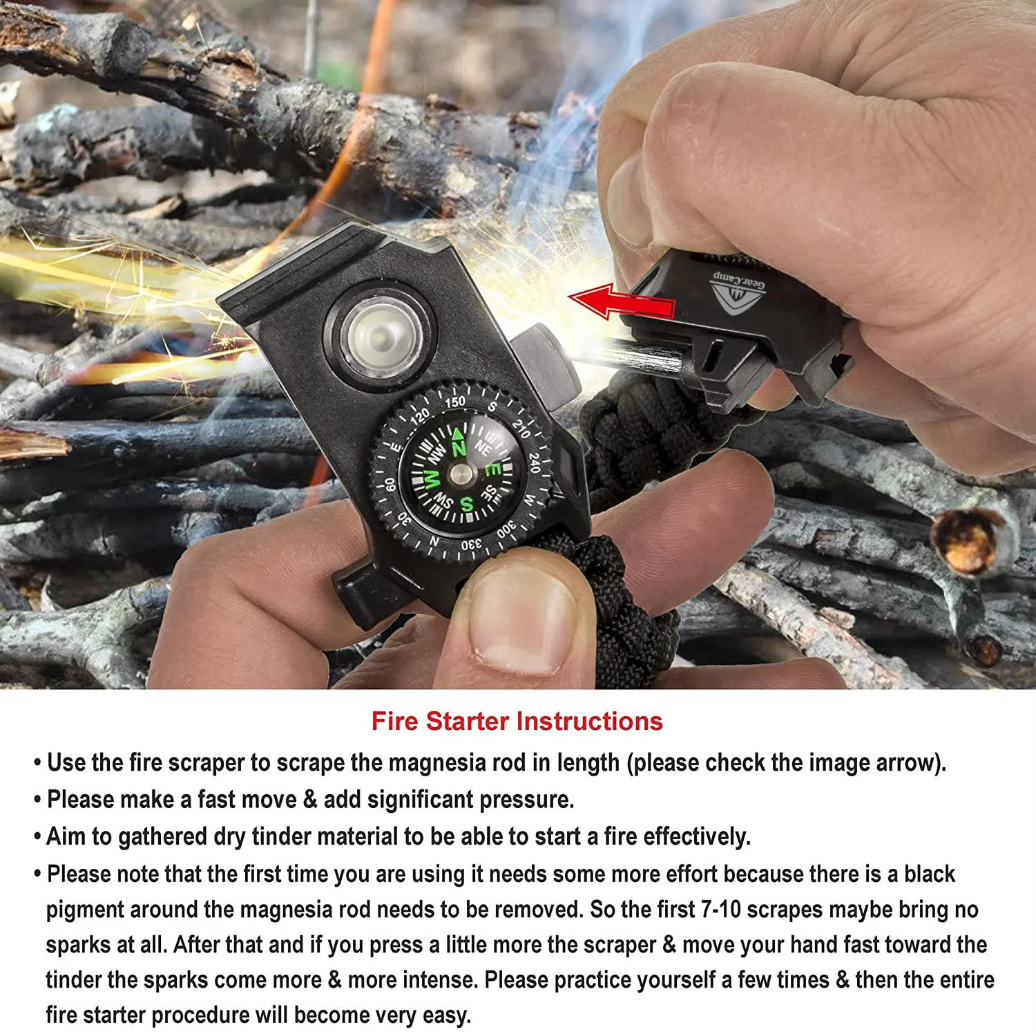 The Outdoorsman - Flashlight Survival Bracelet (Black) with Compass/Smart LED Light/Fire Starter/Blade/Whistle/Paracord (6-in-1 tool).