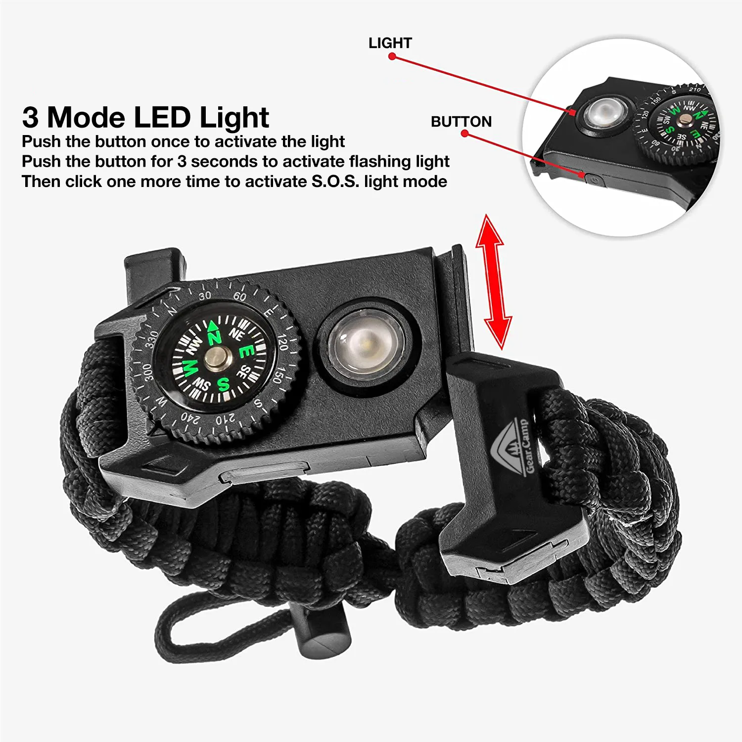 The Outdoorsman - Flashlight Survival Bracelet (Green Camo) with Compass/Smart LED Light/Fire Starter/Blade/Whistle/Paracord (6-in-1 tool).