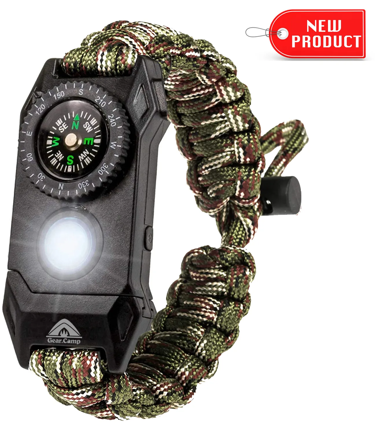 The Outdoorsman - Flashlight Survival Bracelet (Green Camo) with Compass/Smart LED Light/Fire Starter/Blade/Whistle/Paracord (6-in-1 tool).