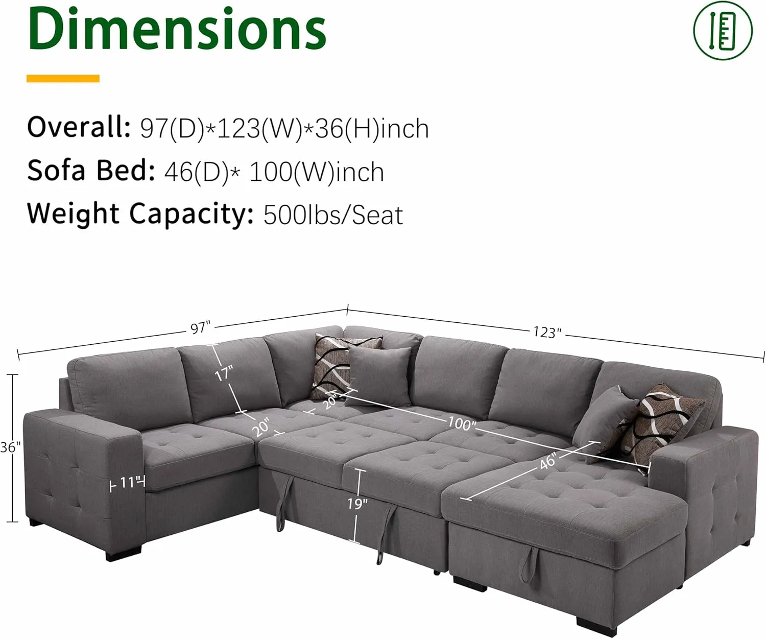 THSUPER 123'' Sectional Sleeper Sofa Couch with Pull Out Bed, 6 Seater U Shaped Oversized Comfy Linen Sleeper Sectional Sofas Couches with Storage Chaise for Living Room, Gray