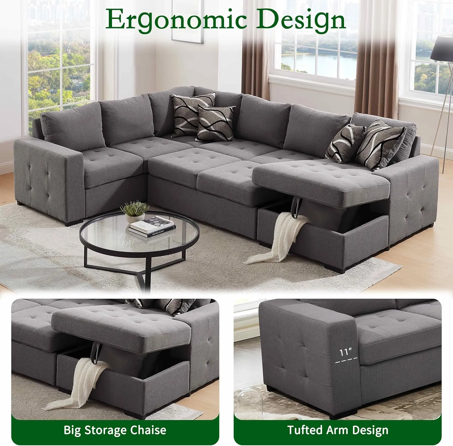 THSUPER 123'' Sectional Sleeper Sofa Couch with Pull Out Bed, 6 Seater U Shaped Oversized Comfy Linen Sleeper Sectional Sofas Couches with Storage Chaise for Living Room, Gray