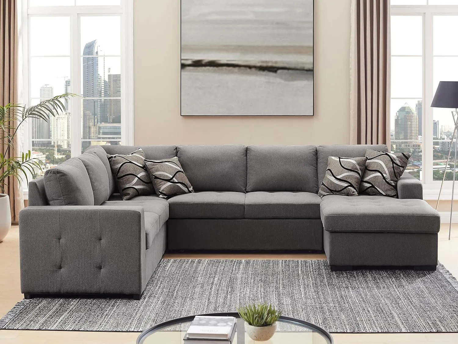 THSUPER 123'' Sectional Sleeper Sofa Couch with Pull Out Bed, 6 Seater U Shaped Oversized Comfy Linen Sleeper Sectional Sofas Couches with Storage Chaise for Living Room, Gray