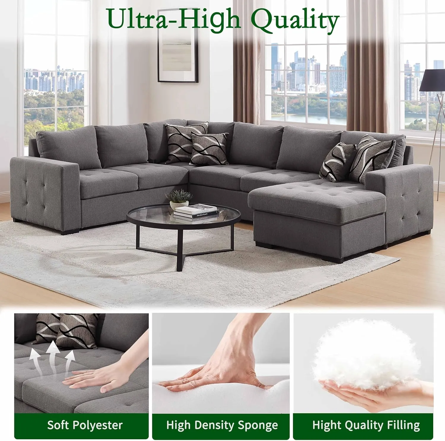THSUPER 123'' Sectional Sleeper Sofa Couch with Pull Out Bed, 6 Seater U Shaped Oversized Comfy Linen Sleeper Sectional Sofas Couches with Storage Chaise for Living Room, Gray