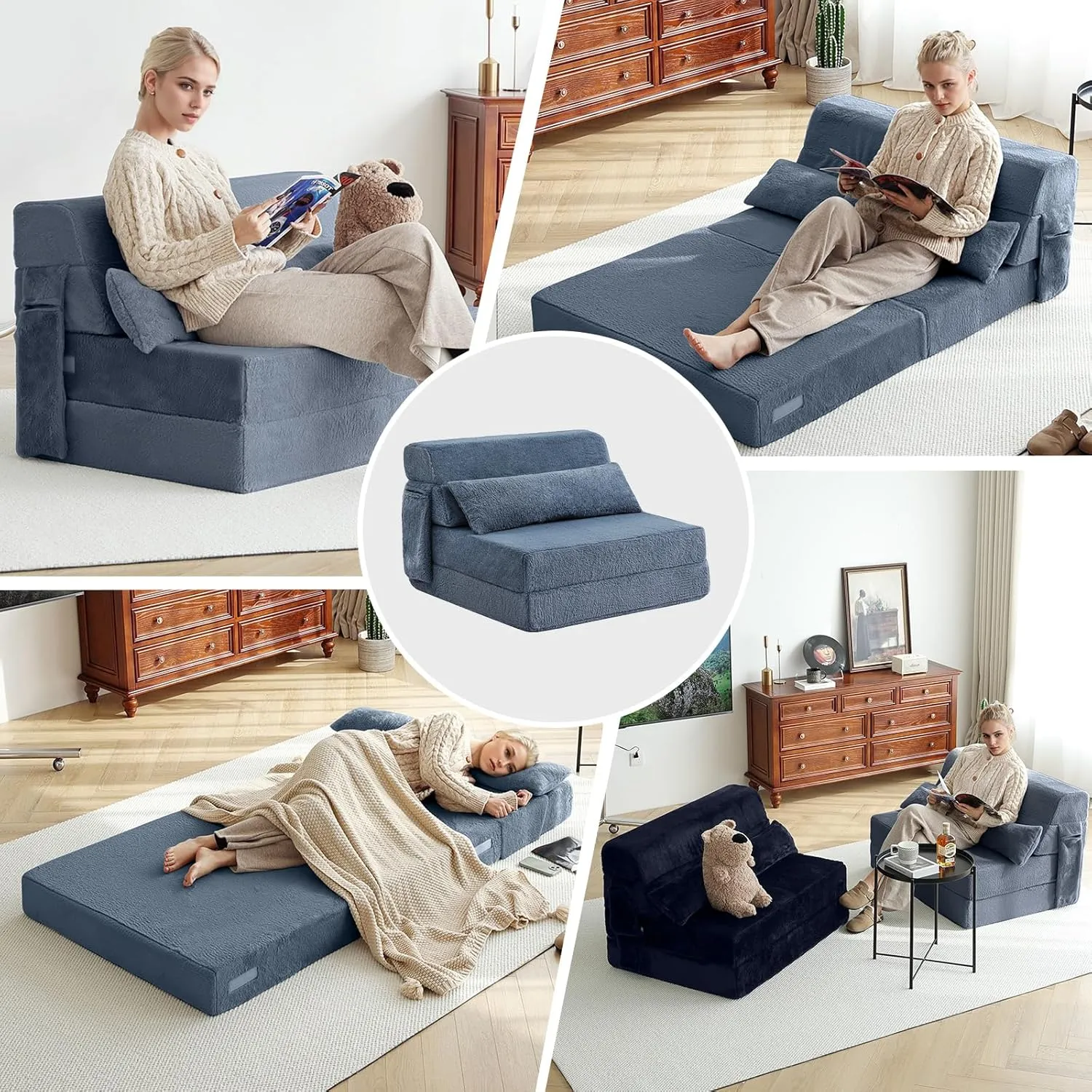 Tiita Folding Sofa Bed with Pillow Single Size Mattress&Plush Fabric with Portable Storage Bag,Floor Lounger Chair Bed for Living Room,Guest Room,Dorm,Apartment,Upstairs Loft,Home Office,Blue Gray
