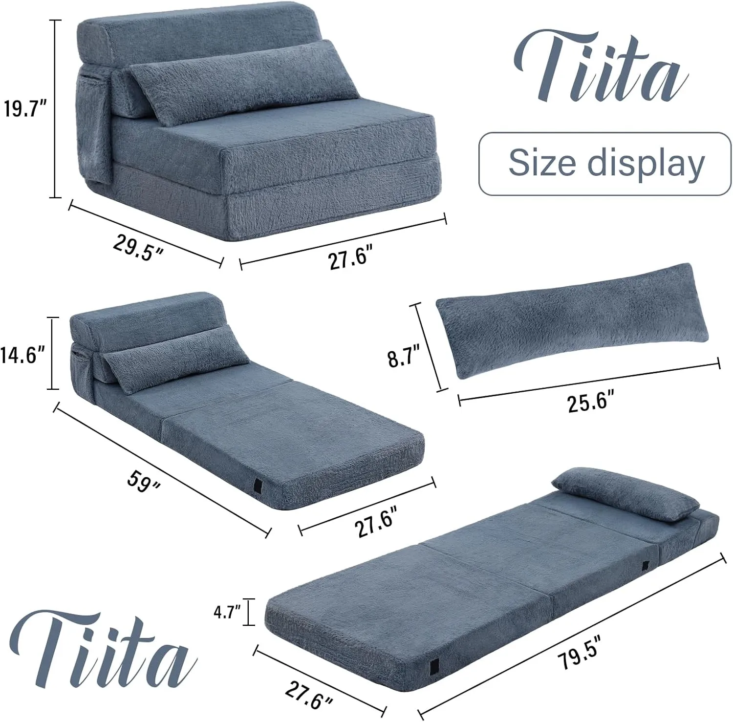 Tiita Folding Sofa Bed with Pillow Single Size Mattress&Plush Fabric with Portable Storage Bag,Floor Lounger Chair Bed for Living Room,Guest Room,Dorm,Apartment,Upstairs Loft,Home Office,Blue Gray