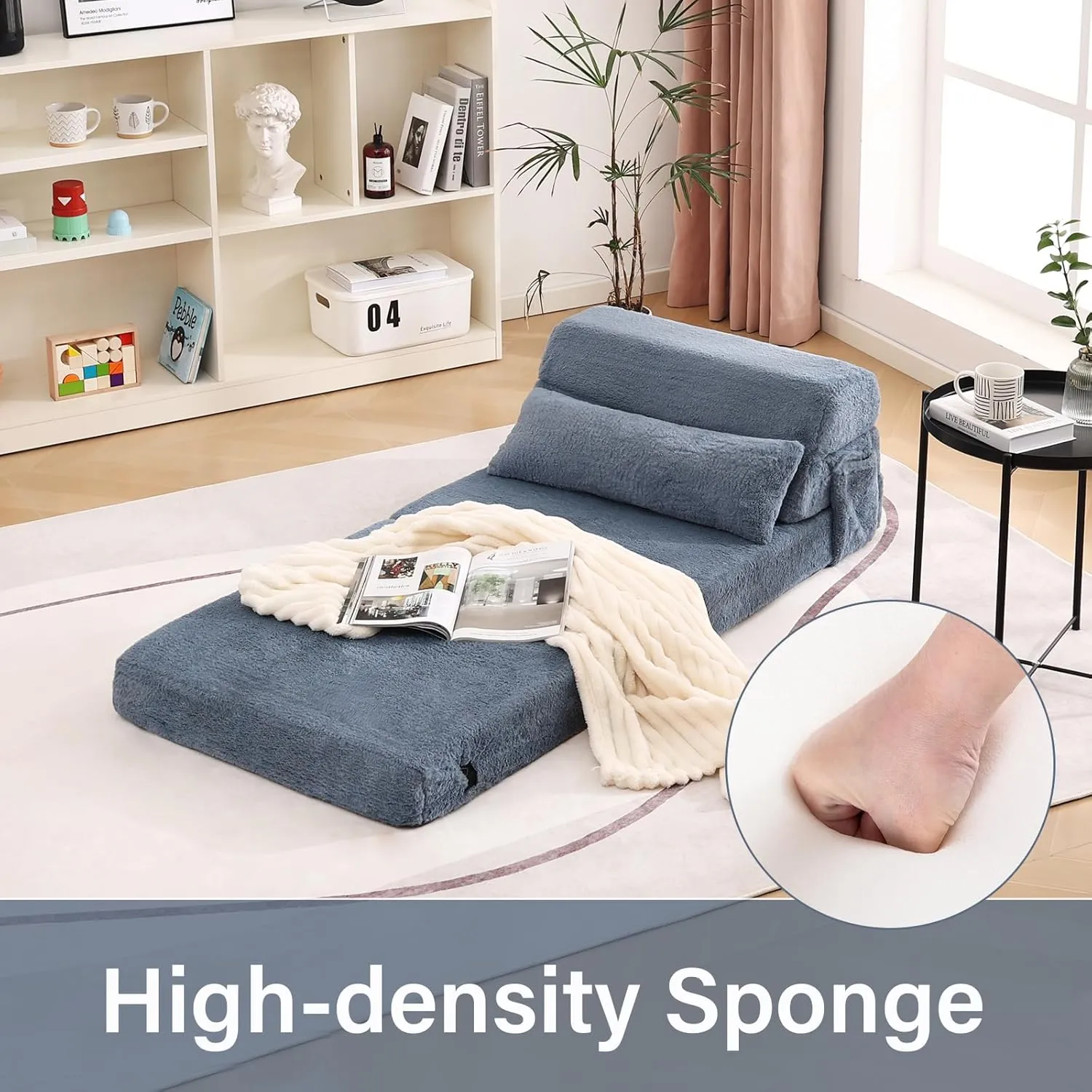 Tiita Folding Sofa Bed with Pillow Single Size Mattress&Plush Fabric with Portable Storage Bag,Floor Lounger Chair Bed for Living Room,Guest Room,Dorm,Apartment,Upstairs Loft,Home Office,Blue Gray