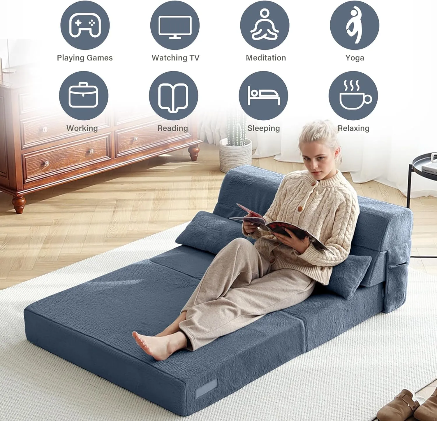 Tiita Folding Sofa Bed with Pillow Single Size Mattress&Plush Fabric with Portable Storage Bag,Floor Lounger Chair Bed for Living Room,Guest Room,Dorm,Apartment,Upstairs Loft,Home Office,Blue Gray