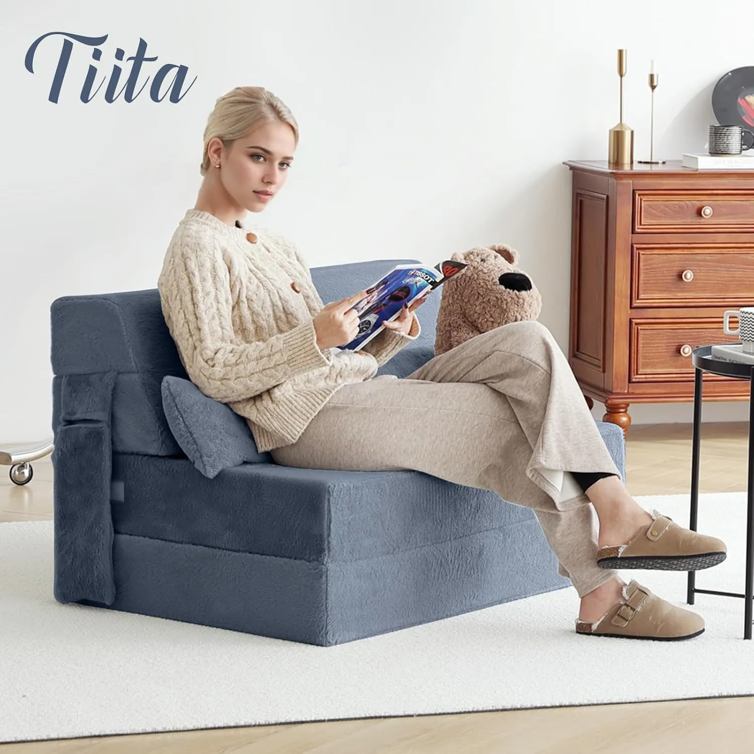 Tiita Folding Sofa Bed with Pillow Single Size Mattress&Plush Fabric with Portable Storage Bag,Floor Lounger Chair Bed for Living Room,Guest Room,Dorm,Apartment,Upstairs Loft,Home Office,Blue Gray