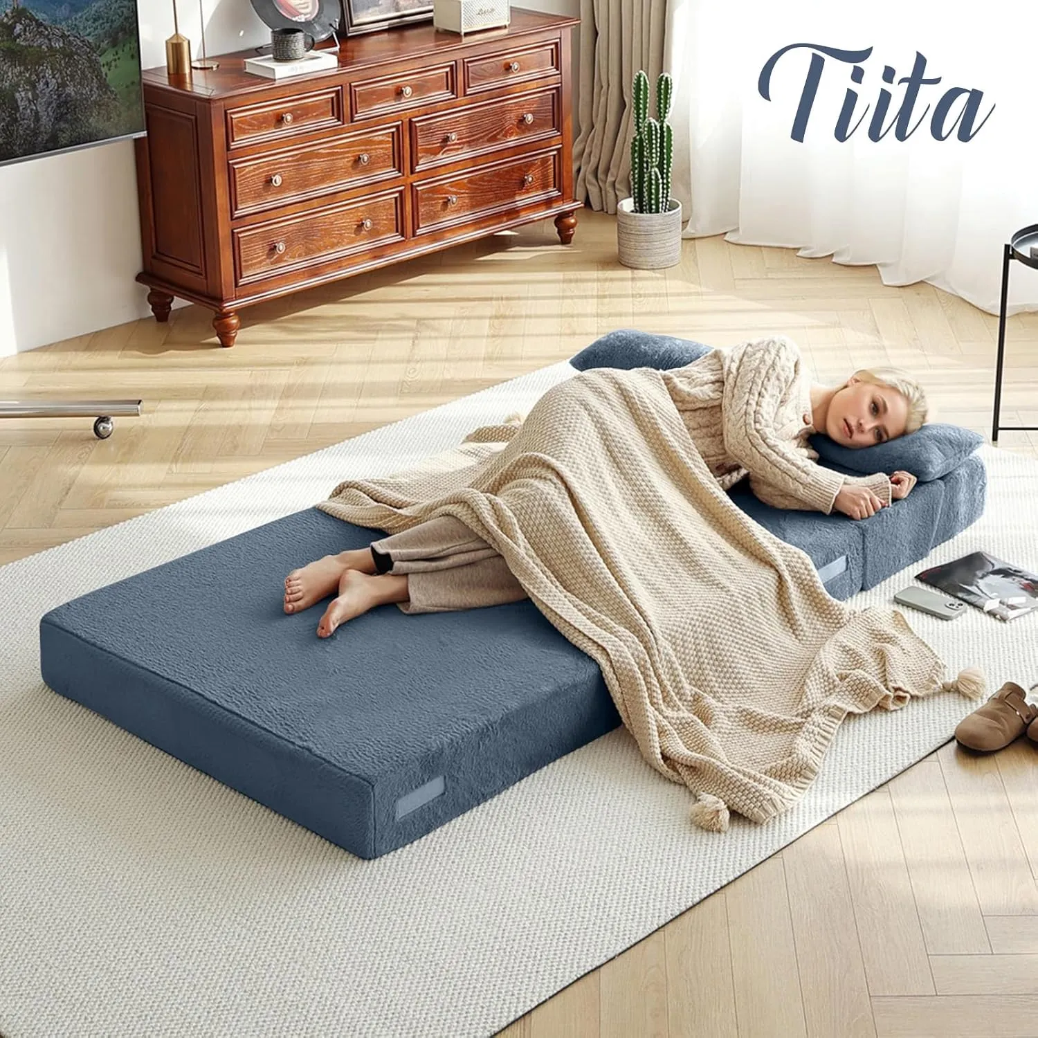 Tiita Folding Sofa Bed with Pillow Single Size Mattress&Plush Fabric with Portable Storage Bag,Floor Lounger Chair Bed for Living Room,Guest Room,Dorm,Apartment,Upstairs Loft,Home Office,Blue Gray