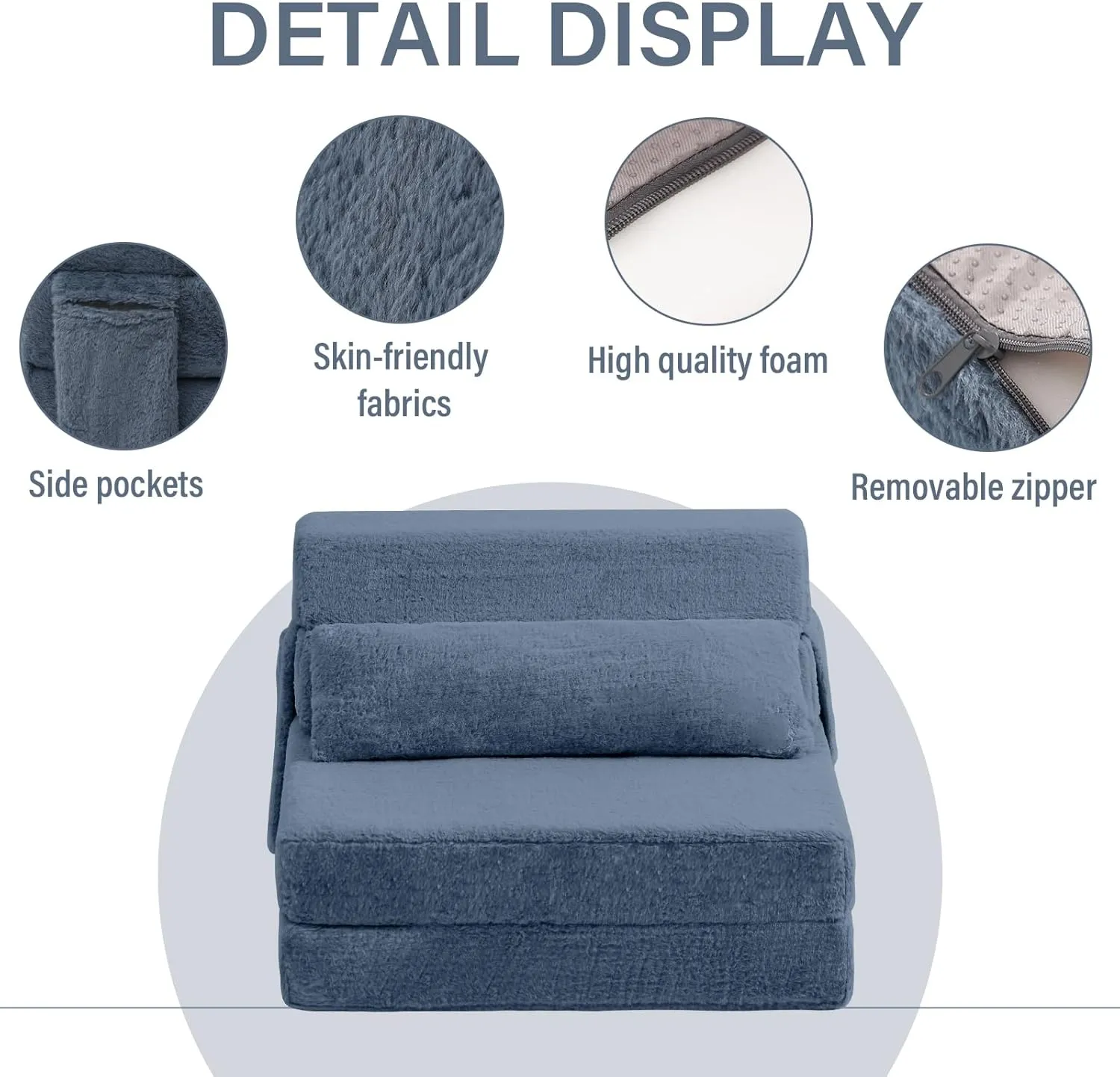 Tiita Folding Sofa Bed with Pillow Single Size Mattress&Plush Fabric with Portable Storage Bag,Floor Lounger Chair Bed for Living Room,Guest Room,Dorm,Apartment,Upstairs Loft,Home Office,Blue Gray