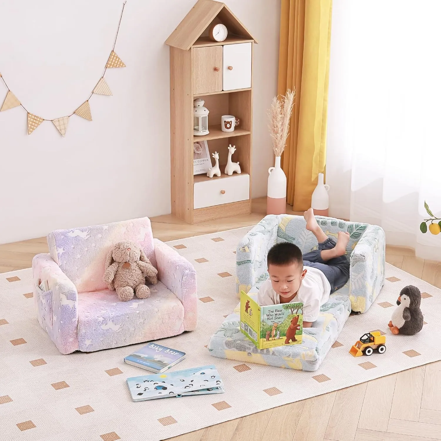 Tiita Kids Sofa, 2-in-1 Kid Sofa, Convertible Children Couch to Lounger, Flip Out Kids Chair, Glow in The Dark Toddler Armrest Chair Bed for Girl or Boy (Grey Dinosaur)
