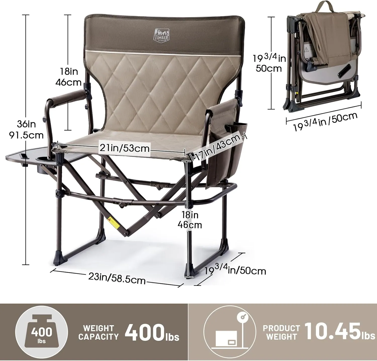 TIMBER RIDGE Heavy Duty Camping Chair with Compact Size, Portable Directors Chair with Side Table and Pocket for Camping, Lawn, Sports and Fishing, Supports Up to 400lbs, Tan 2 Pack
