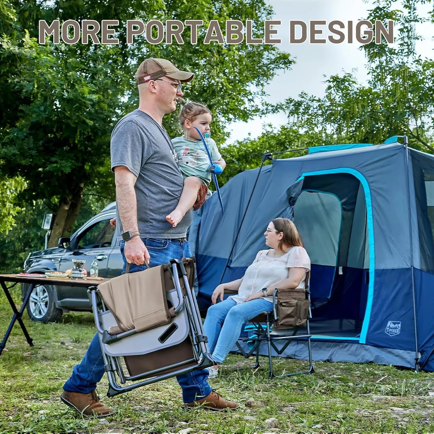 TIMBER RIDGE Heavy Duty Camping Chair with Compact Size, Portable Directors Chair with Side Table and Pocket for Camping, Lawn, Sports and Fishing, Supports Up to 400lbs, Tan 2 Pack