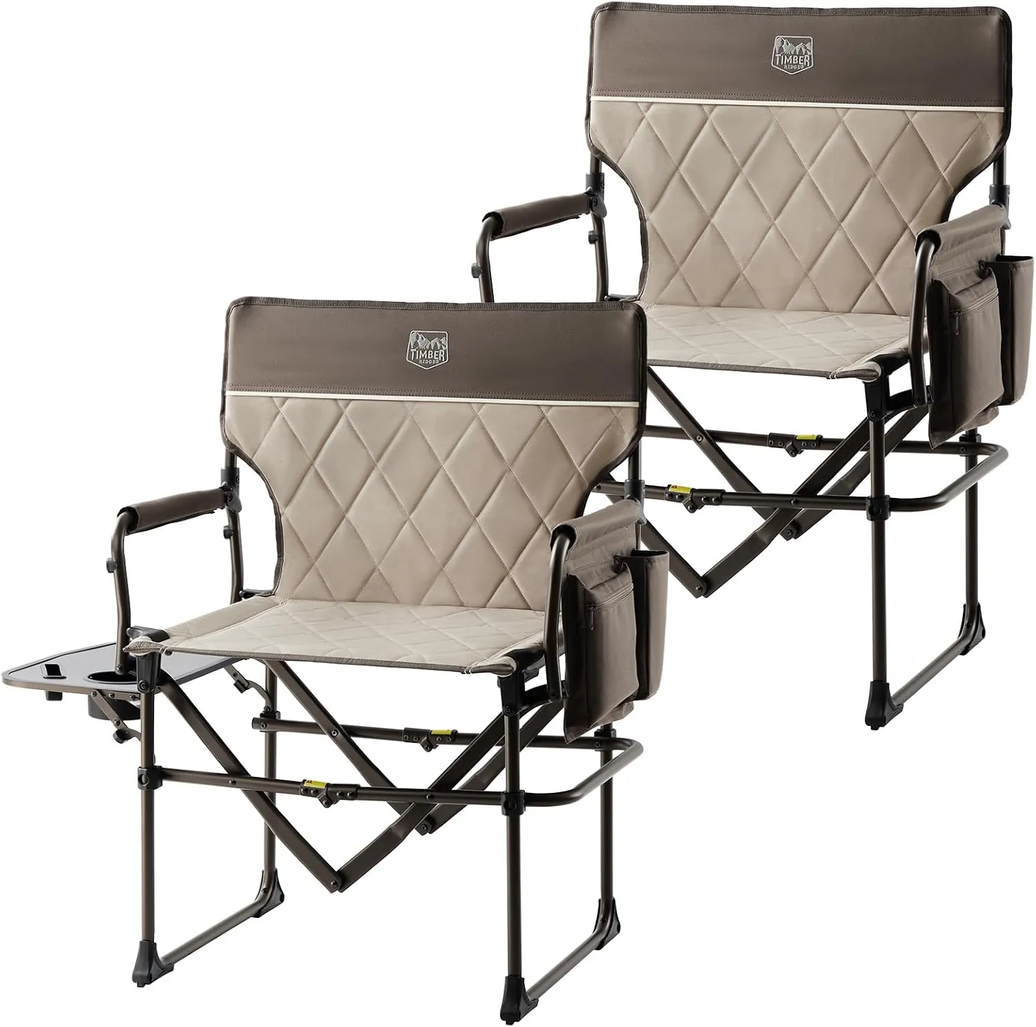 TIMBER RIDGE Heavy Duty Camping Chair with Compact Size, Portable Directors Chair with Side Table and Pocket for Camping, Lawn, Sports and Fishing, Supports Up to 400lbs, Tan 2 Pack