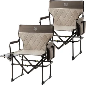 TIMBER RIDGE Heavy Duty Camping Chair with Compact Size, Portable Directors Chair with Side Table and Pocket for Camping, Lawn, Sports and Fishing, Supports Up to 400lbs, Tan 2 Pack