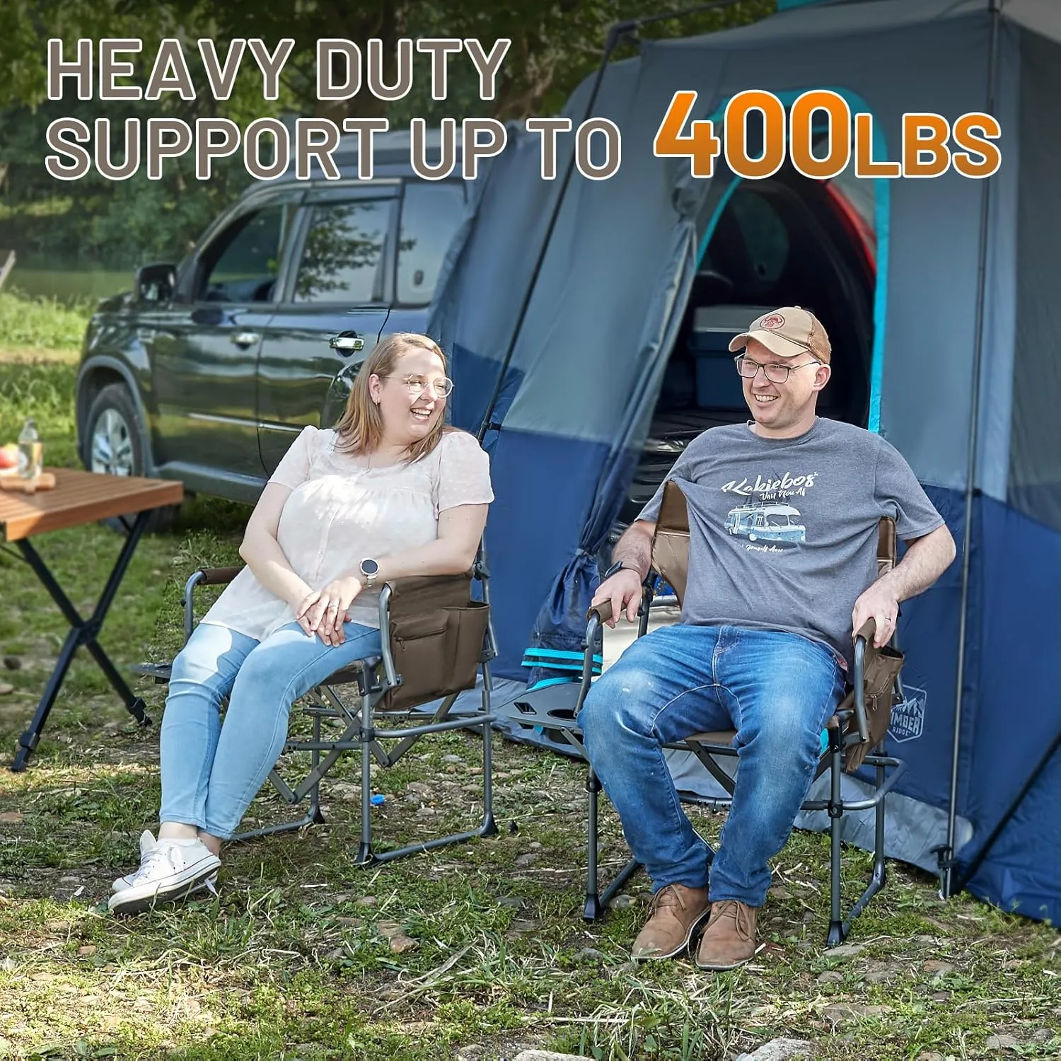 TIMBER RIDGE Heavy Duty Camping Chair with Compact Size, Portable Directors Chair with Side Table and Pocket for Camping, Lawn, Sports and Fishing, Supports Up to 400lbs, Tan 2 Pack