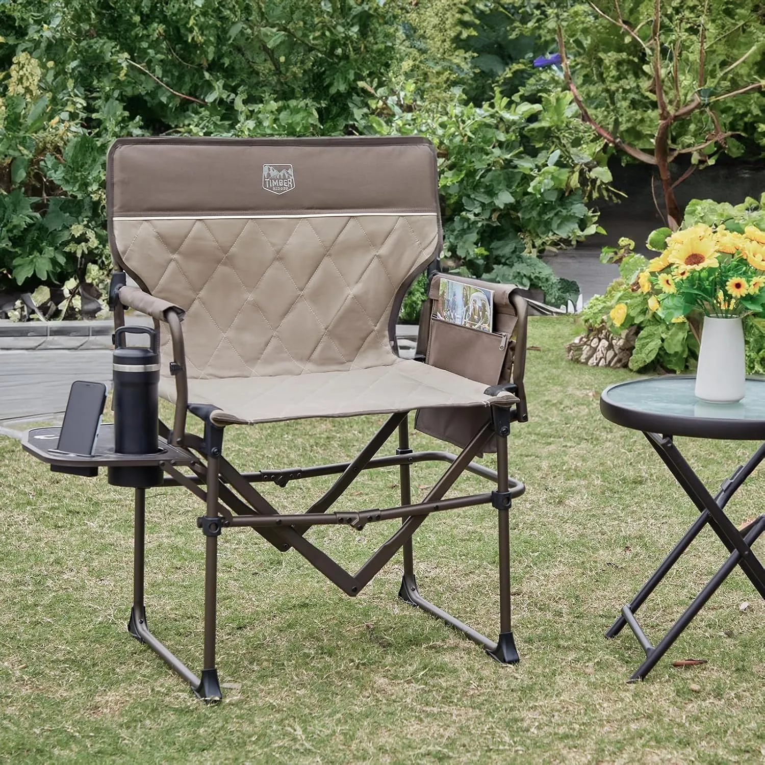 TIMBER RIDGE Heavy Duty Camping Chair with Compact Size, Portable Directors Chair with Side Table and Pocket for Camping, Lawn, Sports and Fishing, Supports Up to 400lbs, Tan 2 Pack