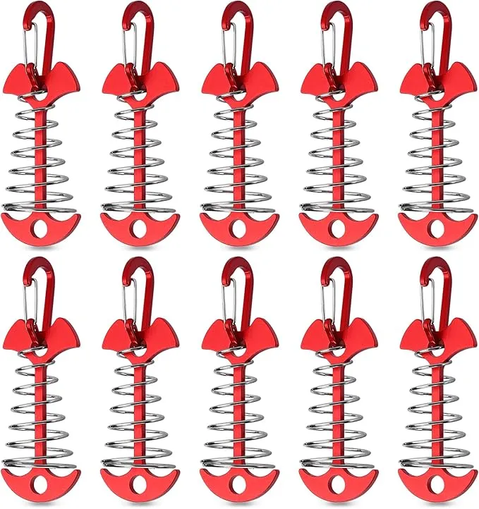 TOBWOLF 10PCS Red Deck Anchor Pegs with Carabiners, Windproof Aluminum Deck Tie Down Spring Tent Stakes, Camping Outdoor Fishbone Tent Anchors Tent Rope Tensioner Guyline Cord Adjuster Tent Pegs
