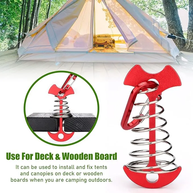 TOBWOLF 10PCS Red Deck Anchor Pegs with Carabiners, Windproof Aluminum Deck Tie Down Spring Tent Stakes, Camping Outdoor Fishbone Tent Anchors Tent Rope Tensioner Guyline Cord Adjuster Tent Pegs