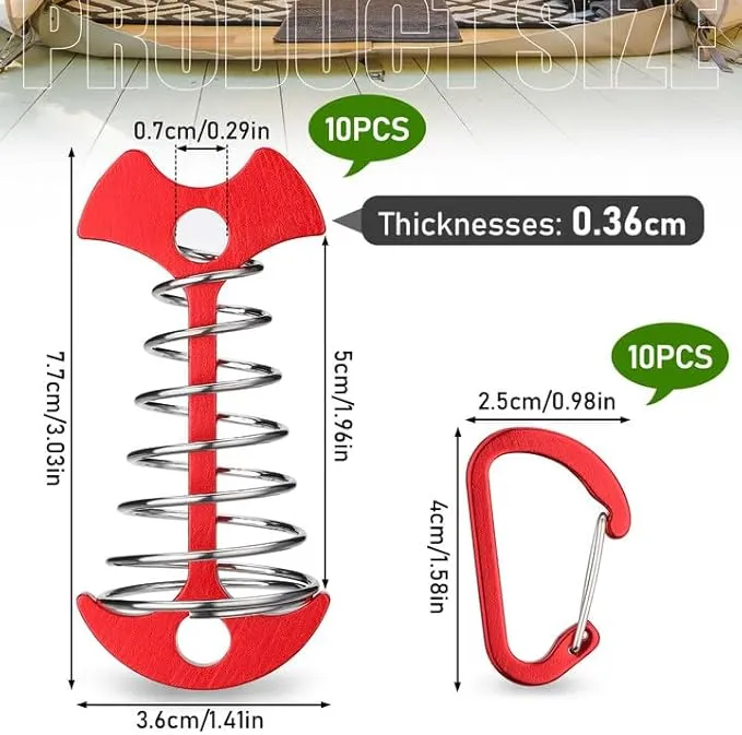 TOBWOLF 10PCS Red Deck Anchor Pegs with Carabiners, Windproof Aluminum Deck Tie Down Spring Tent Stakes, Camping Outdoor Fishbone Tent Anchors Tent Rope Tensioner Guyline Cord Adjuster Tent Pegs
