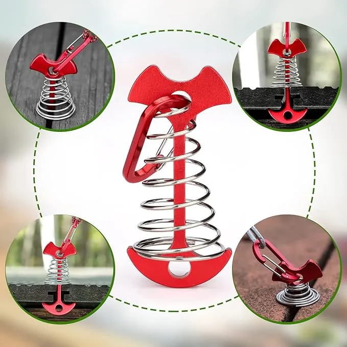 TOBWOLF 10PCS Red Deck Anchor Pegs with Carabiners, Windproof Aluminum Deck Tie Down Spring Tent Stakes, Camping Outdoor Fishbone Tent Anchors Tent Rope Tensioner Guyline Cord Adjuster Tent Pegs