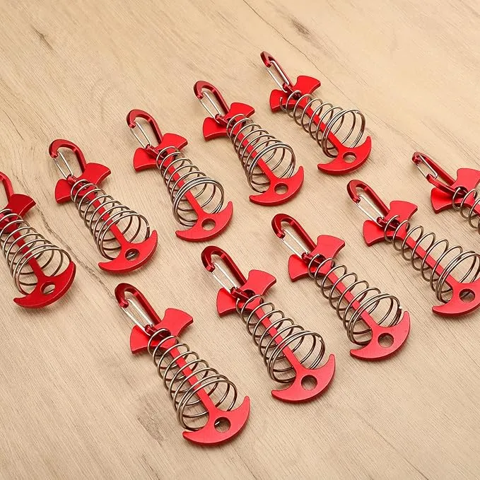 TOBWOLF 10PCS Red Deck Anchor Pegs with Carabiners, Windproof Aluminum Deck Tie Down Spring Tent Stakes, Camping Outdoor Fishbone Tent Anchors Tent Rope Tensioner Guyline Cord Adjuster Tent Pegs