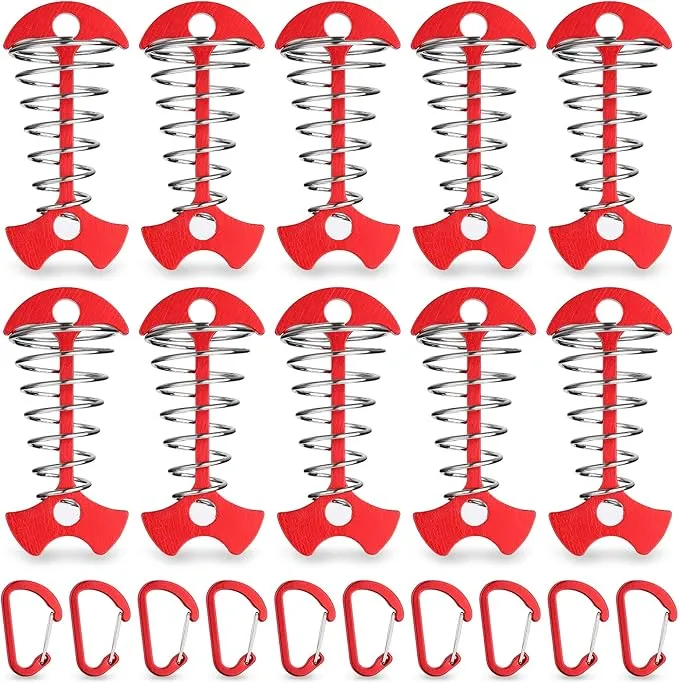 TOBWOLF 10PCS Red Deck Anchor Pegs with Carabiners, Windproof Aluminum Deck Tie Down Spring Tent Stakes, Camping Outdoor Fishbone Tent Anchors Tent Rope Tensioner Guyline Cord Adjuster Tent Pegs