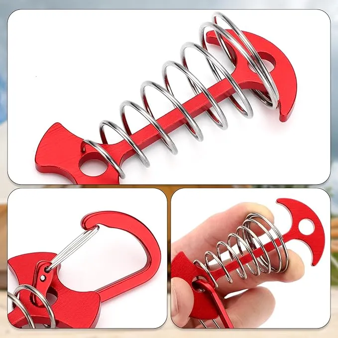 TOBWOLF 10PCS Red Deck Anchor Pegs with Carabiners, Windproof Aluminum Deck Tie Down Spring Tent Stakes, Camping Outdoor Fishbone Tent Anchors Tent Rope Tensioner Guyline Cord Adjuster Tent Pegs