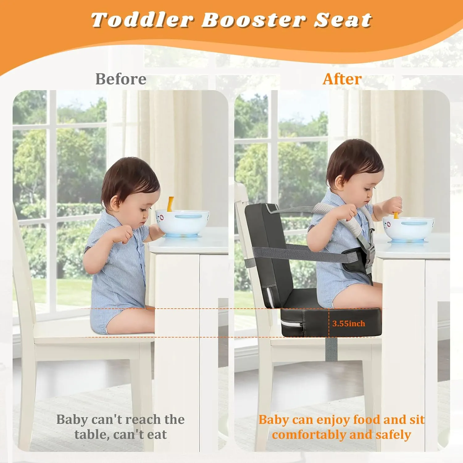Toddler Booster Seat for Dining Table, Toddler Harness Booster Seats for Table, PU Easy Cleaning Kitchen Chair Booster Seat with Backrest Portable Travel Seat Eating for Kids Child- Dark Grey
