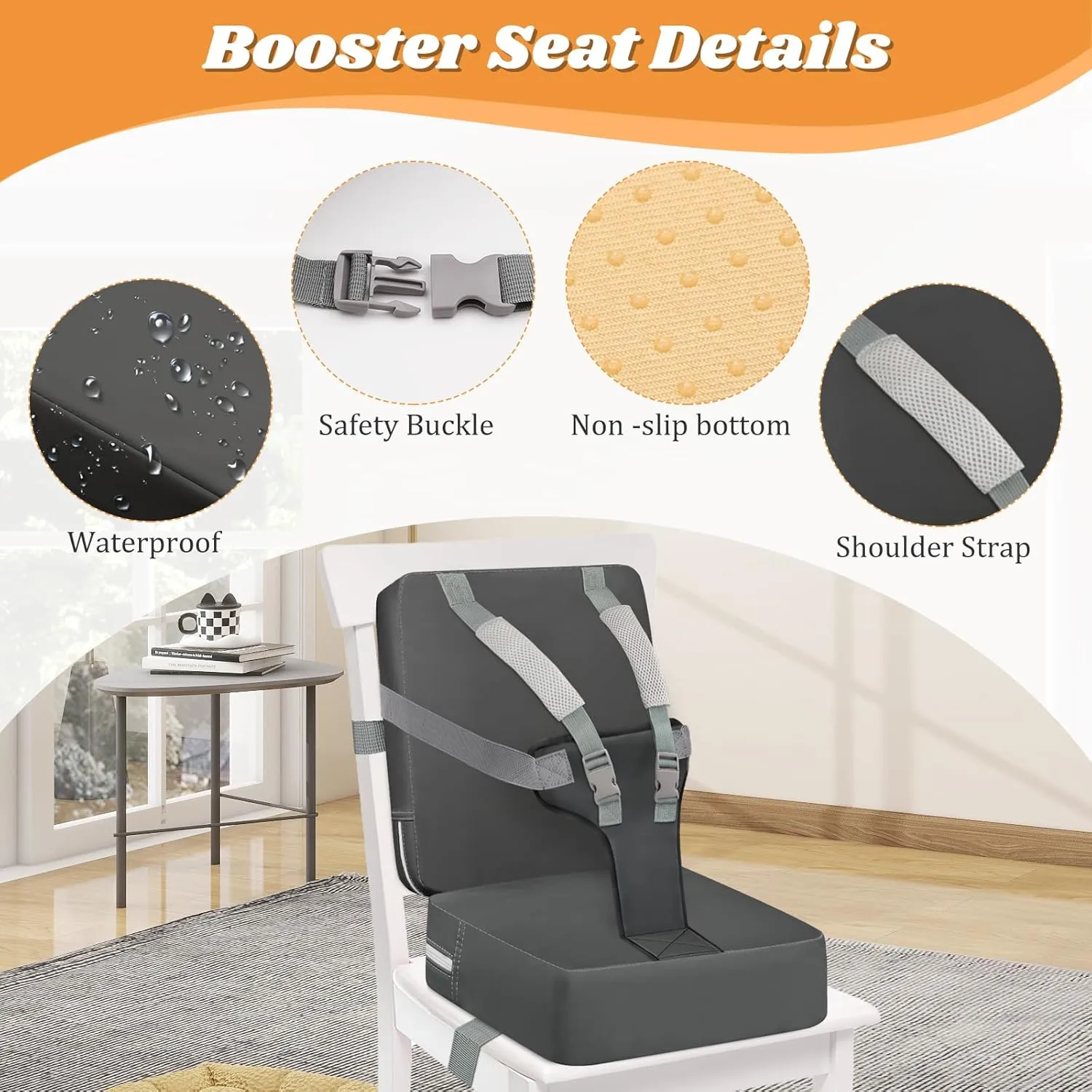 Toddler Booster Seat for Dining Table, Toddler Harness Booster Seats for Table, PU Easy Cleaning Kitchen Chair Booster Seat with Backrest Portable Travel Seat Eating for Kids Child- Dark Grey