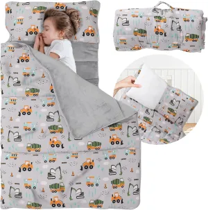 Toddler Nap Mat with Detachable Pillow & Blanket - Soft Plush Minky Fleece Kids Sleeping Bag for Daycare, Preschool & Travel - Portable Roll-Up Design with Carry Handle - Boys Girls Ages 3 