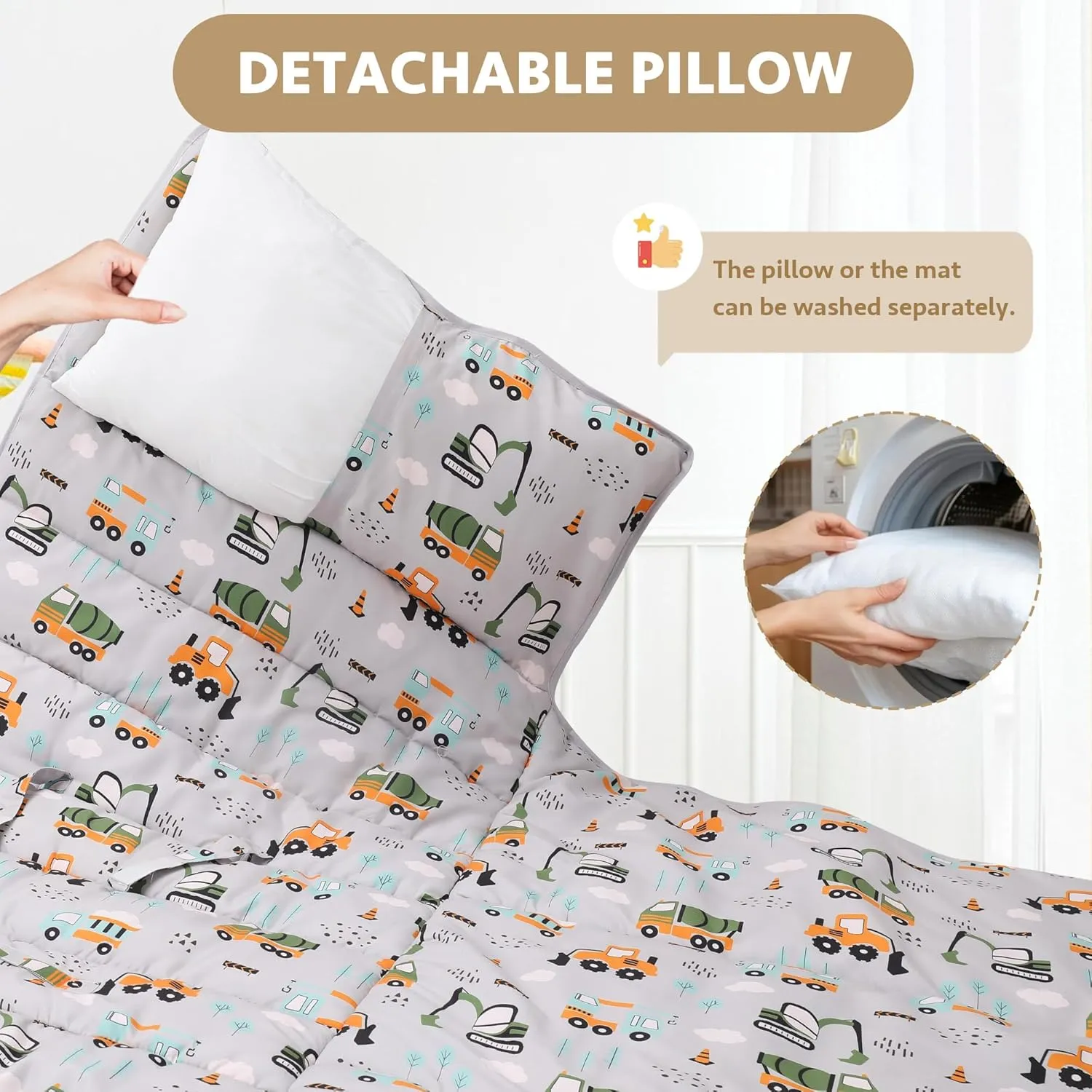 Toddler Nap Mat with Detachable Pillow & Blanket - Soft Plush Minky Fleece Kids Sleeping Bag for Daycare, Preschool & Travel - Portable Roll-Up Design with Carry Handle - Boys Girls Ages 3 