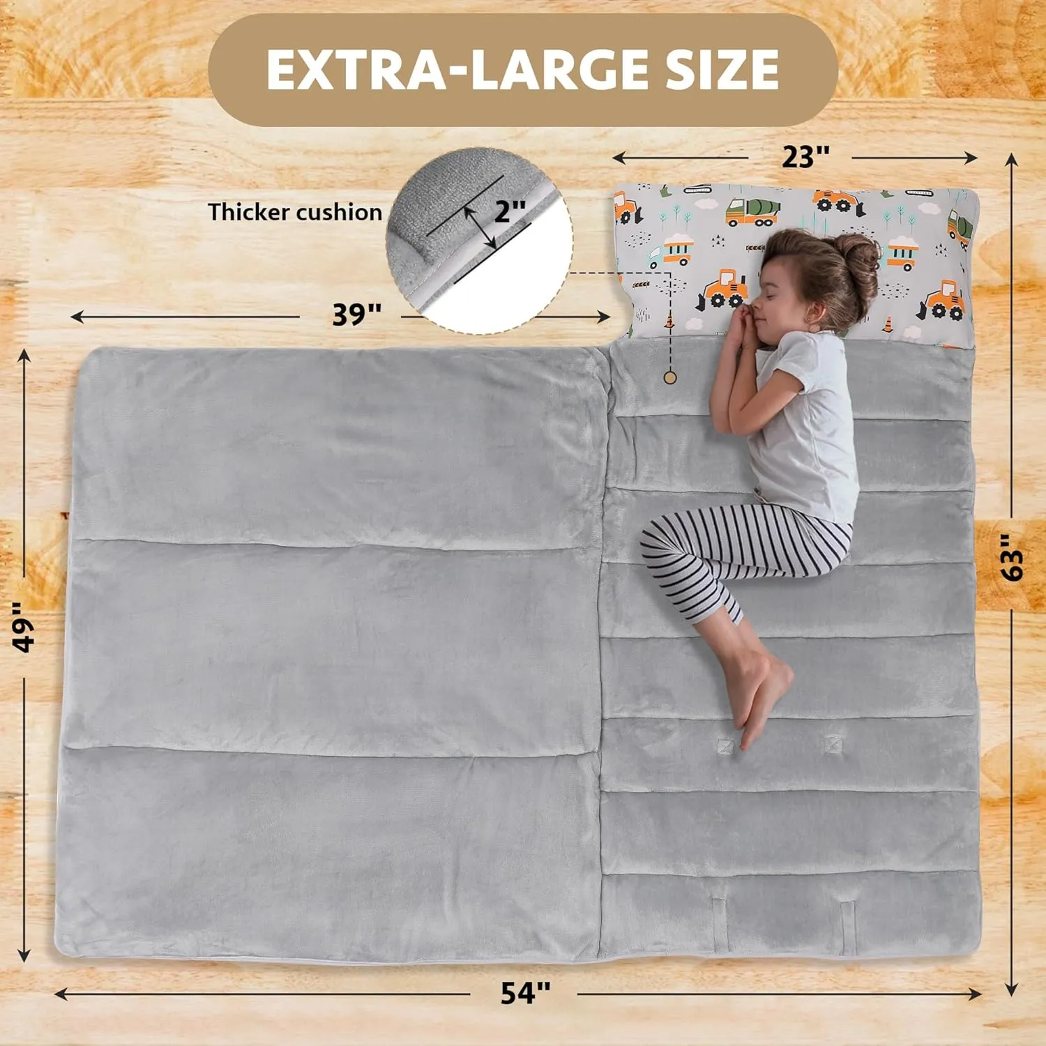 Toddler Nap Mat with Detachable Pillow & Blanket - Soft Plush Minky Fleece Kids Sleeping Bag for Daycare, Preschool & Travel - Portable Roll-Up Design with Carry Handle - Boys Girls Ages 3 