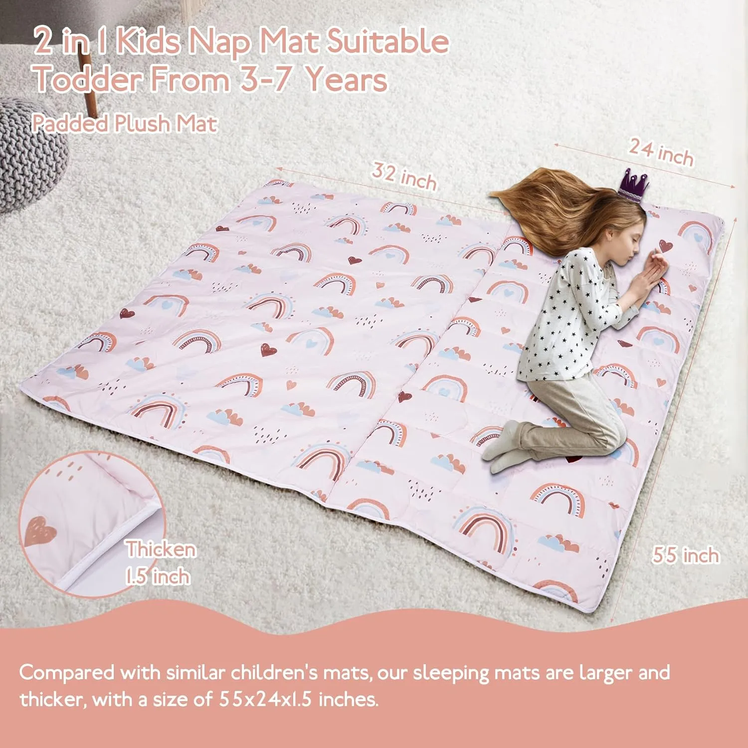 Toddler Nap Mat with Removable Blanket and Pillow, Extra Large Rolled Napping Mats,Toddler Sleeping Bag,Kids Sleeping Bag for Daycare,Nap Mats for Preschool