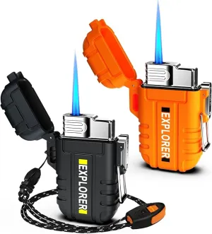 Torch Lighter, 2 Pack Butane Lighter, Windproof Outdoor Gas Lighter Adjustable Jet Flame Lighters, Fireplace Fireworks Grill Camping BBQ Lighter, Gifts for Men. (Black Orange)(Without Butane)