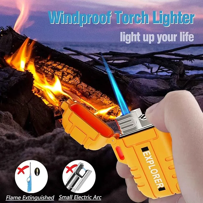 Torch Lighter, 2 Pack Butane Lighter, Windproof Outdoor Gas Lighter Adjustable Jet Flame Lighters, Fireplace Fireworks Grill Camping BBQ Lighter, Gifts for Men. (Black Orange)(Without Butane)